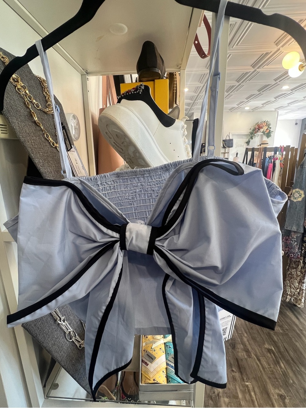 Light Blue Bow Crop Top with Black Trim